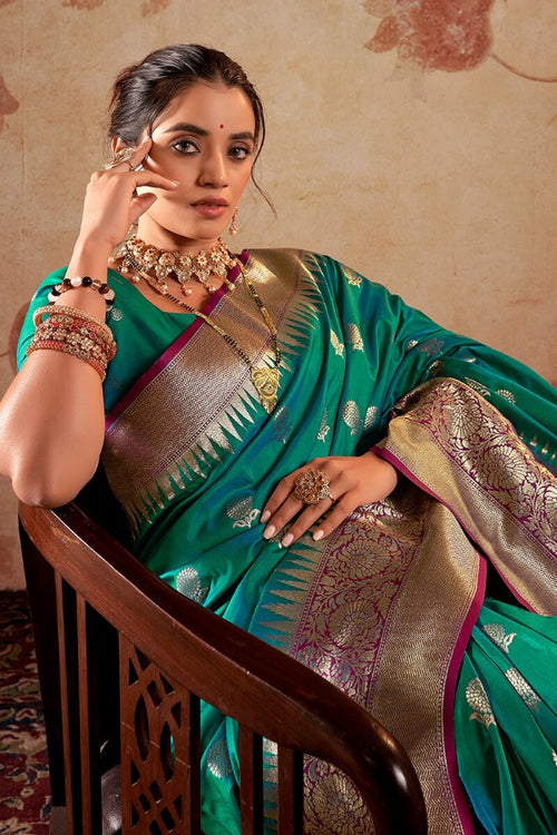 Load image into Gallery viewer, Seraglio Rama Soft Banarasi Silk Saree With Luxuriant Blouse Piece
