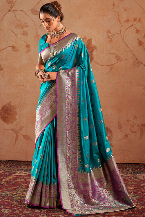 Load image into Gallery viewer, Fantabulous Firozi Soft Banarasi Silk Saree With Unequalled Blouse Piece
