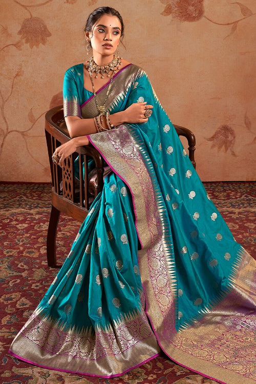 Load image into Gallery viewer, Fantabulous Firozi Soft Banarasi Silk Saree With Unequalled Blouse Piece
