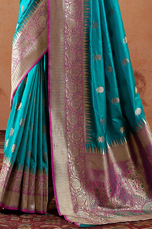 Load image into Gallery viewer, Fantabulous Firozi Soft Banarasi Silk Saree With Unequalled Blouse Piece
