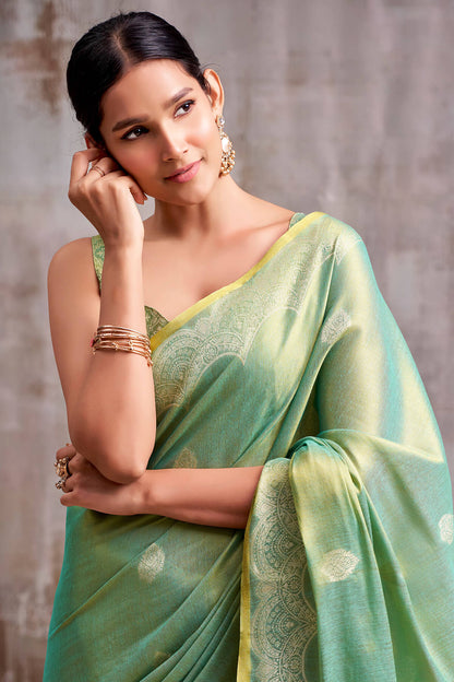 Demanding Sea Green Banarasi Tissue Silk Saree With Beauteous Blouse Piece
