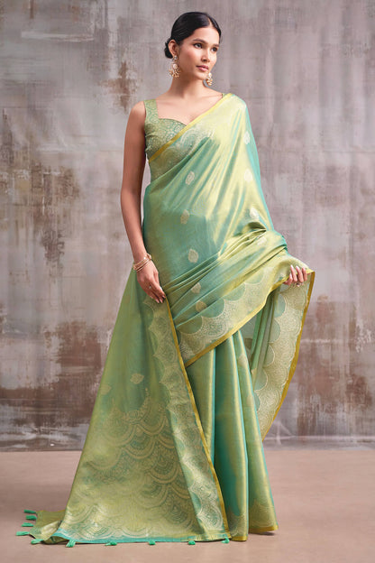 Demanding Sea Green Banarasi Tissue Silk Saree With Beauteous Blouse Piece