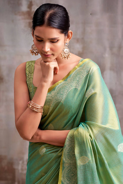 Demanding Sea Green Banarasi Tissue Silk Saree With Beauteous Blouse Piece
