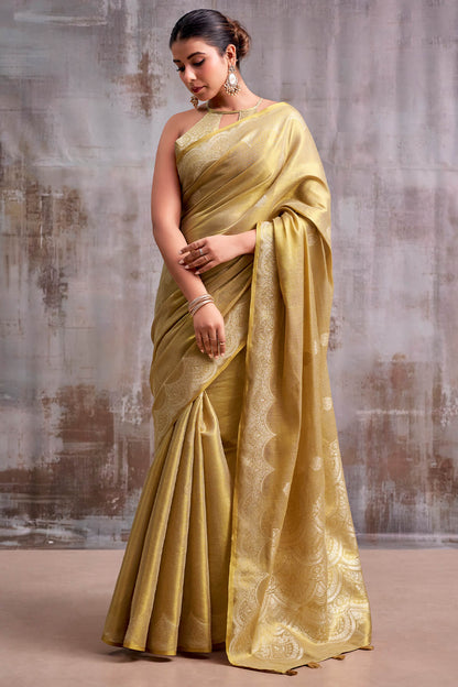 Blooming Beige Banarasi Tissue Silk Saree With Ineffable Blouse Piece