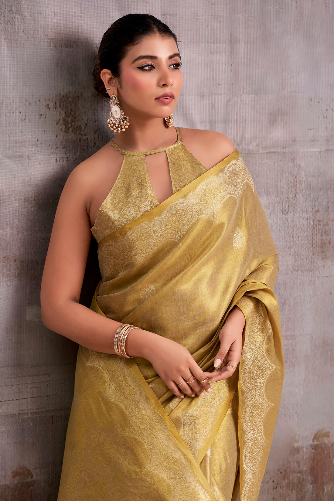 Blooming Beige Banarasi Tissue Silk Saree With Ineffable Blouse Piece