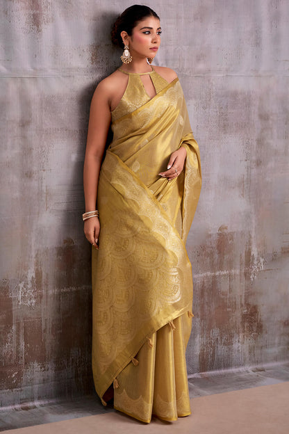 Blooming Beige Banarasi Tissue Silk Saree With Ineffable Blouse Piece