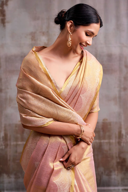 Tantalizing Pink Banarasi Tissue Silk Saree With Classic Blouse Piece