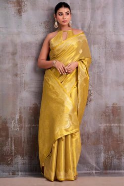 Fantabulous Golden Banarasi Tissue Silk Saree With Arresting Blouse Piece