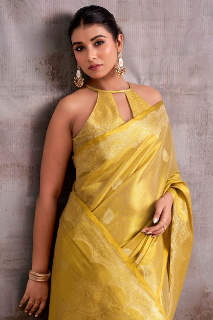Fantabulous Golden Banarasi Tissue Silk Saree With Arresting Blouse Piece