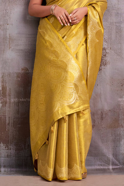 Fantabulous Golden Banarasi Tissue Silk Saree With Arresting Blouse Piece