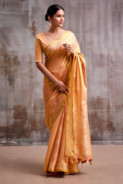 Luminous Peach Banarasi Tissue Silk Saree With Intricate Blouse Piece