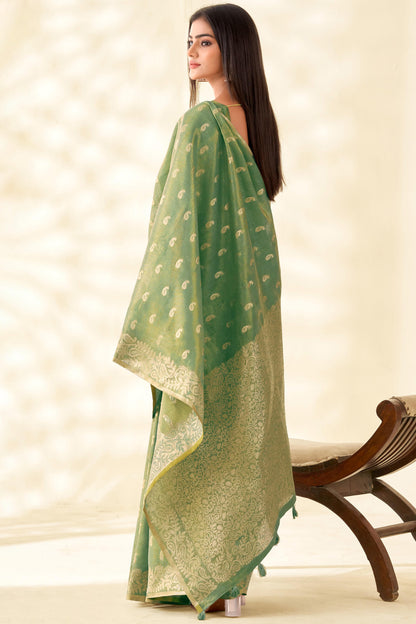 Felicitous Green Soft Banarasi Tissue Silk Saree With Pulsating Blouse Piece