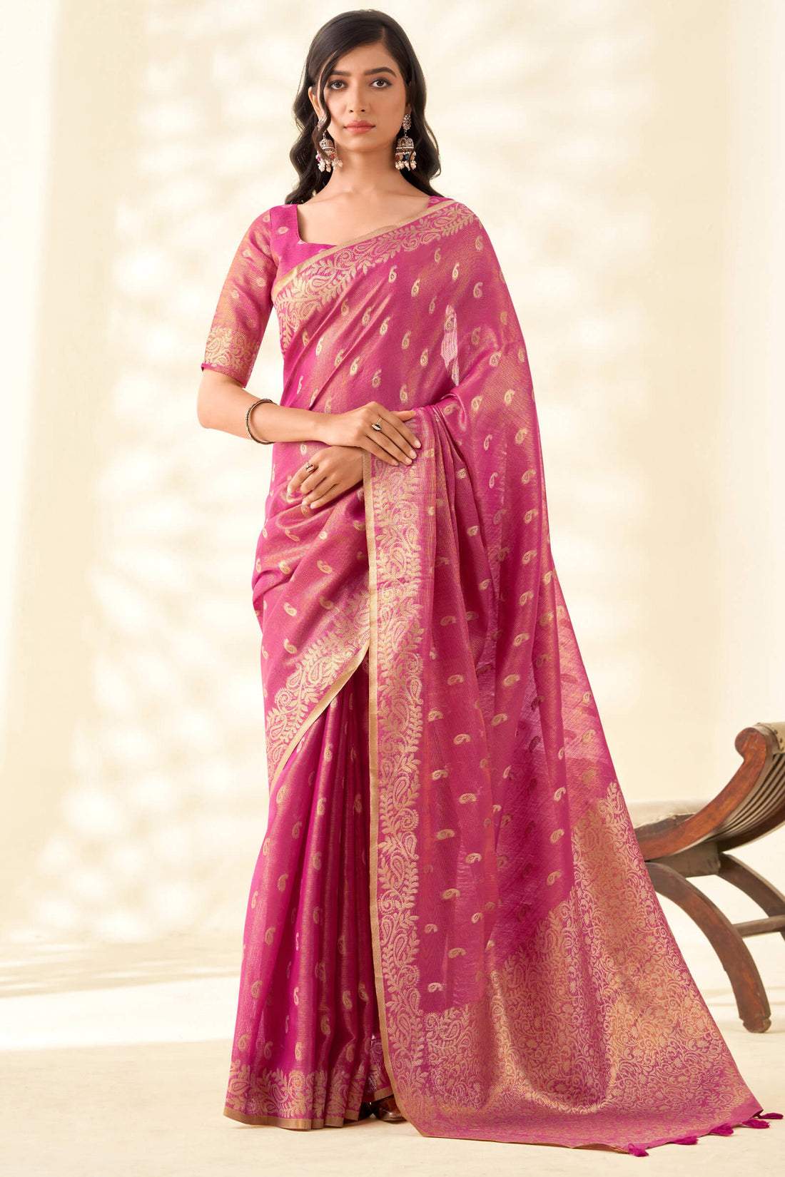 Scintilla Dark Pink Soft Banarasi Tissue Silk Saree With Adorable Blouse Piece