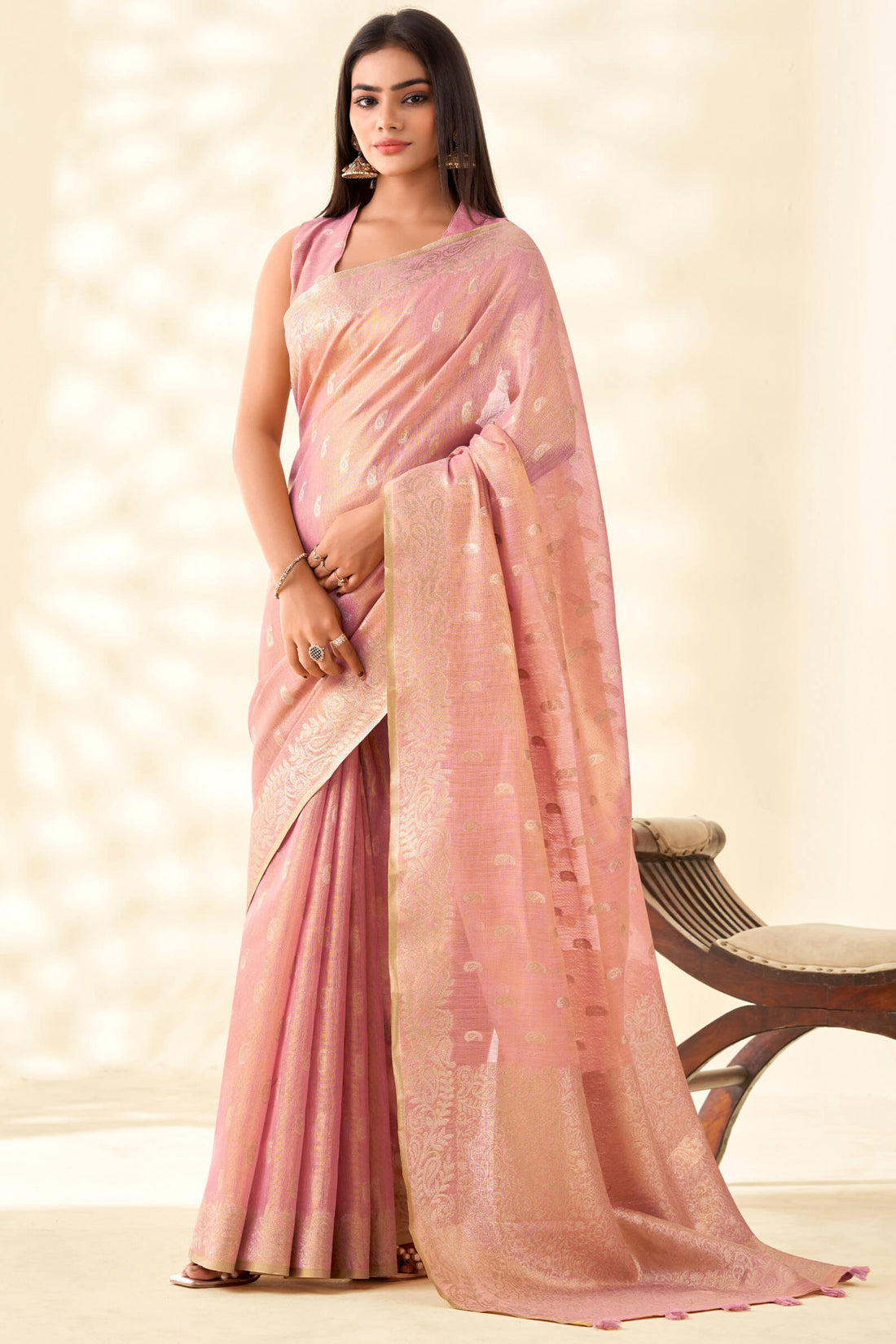 Beguiling Baby Pink Soft Banarasi Tissue Silk Saree With Fancifull Blouse Piece