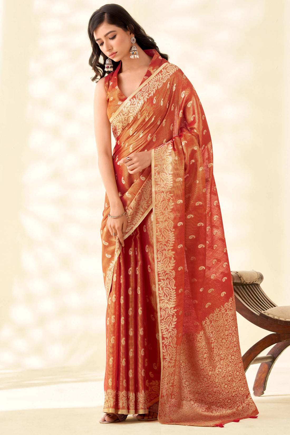 Luxuriant Red Soft Banarasi Tissue Silk Saree With Whimsical Blouse Piece