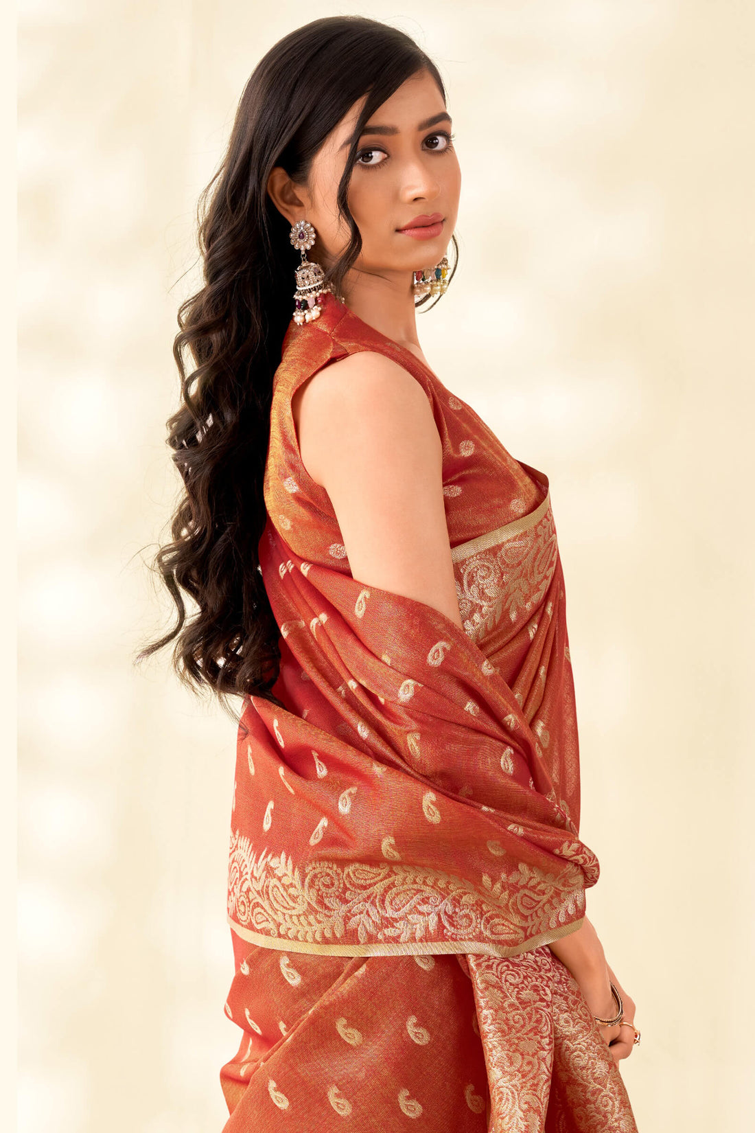 Luxuriant Red Soft Banarasi Tissue Silk Saree With Whimsical Blouse Piece