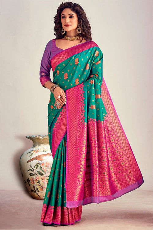 Load image into Gallery viewer, Amazing Rama Soft Banarasi Silk Saree With Sizzling Blouse Piece
