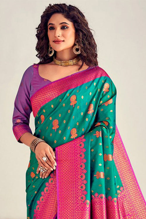 Load image into Gallery viewer, Amazing Rama Soft Banarasi Silk Saree With Sizzling Blouse Piece
