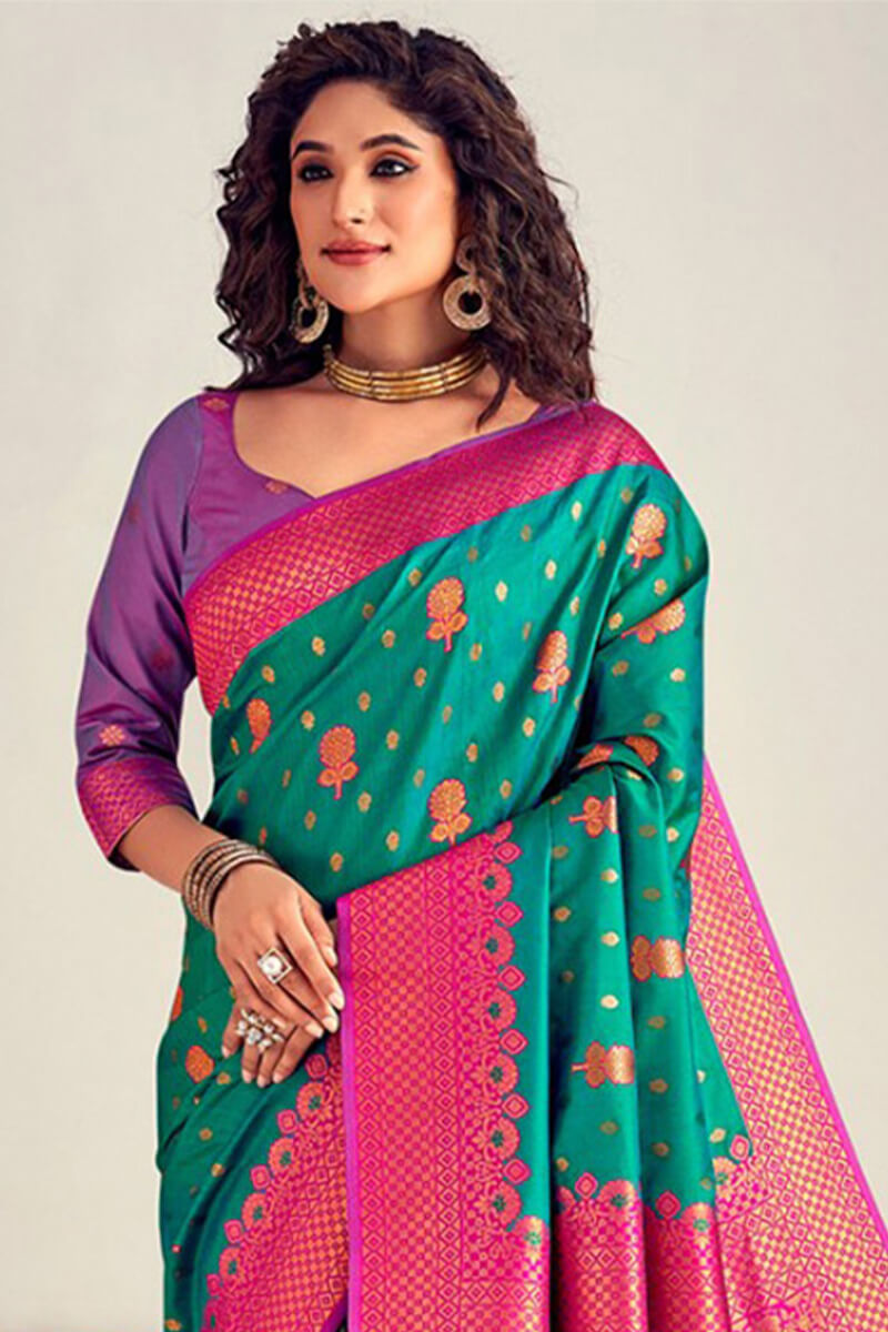 Amazing Rama Soft Banarasi Silk Saree With Sizzling Blouse Piece