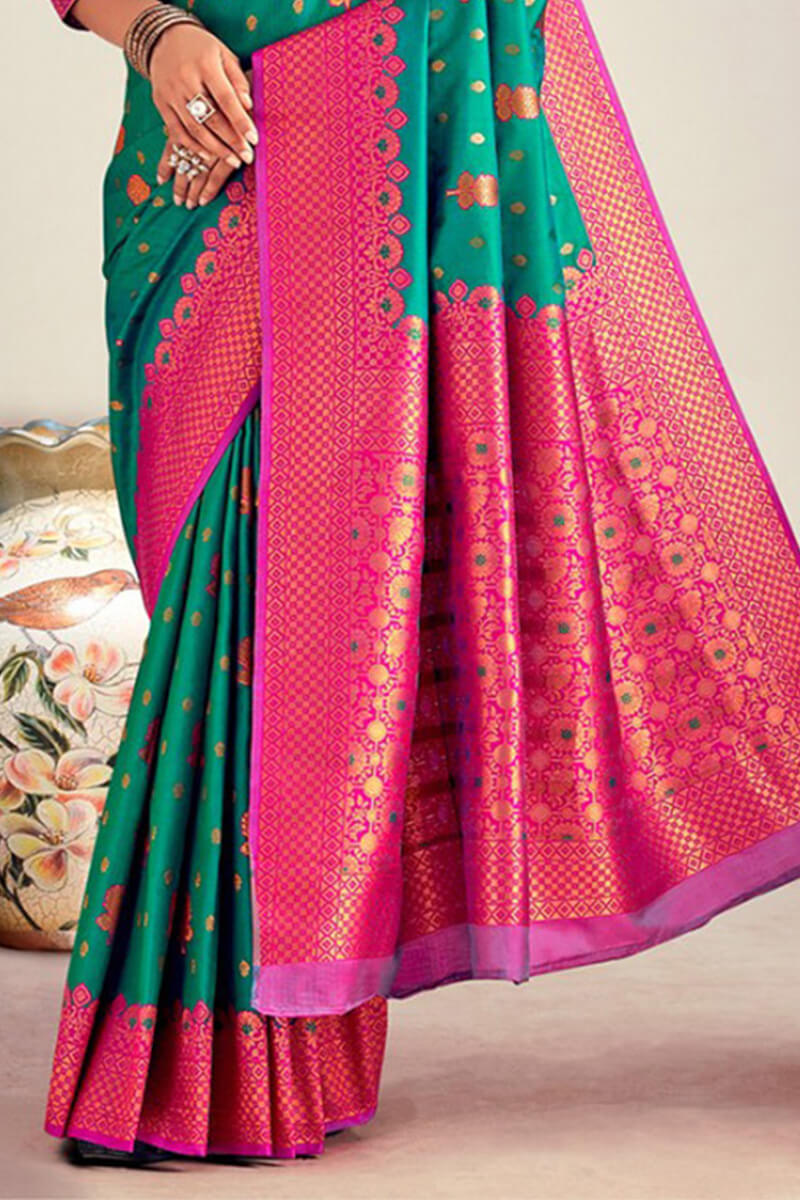 Amazing Rama Soft Banarasi Silk Saree With Sizzling Blouse Piece