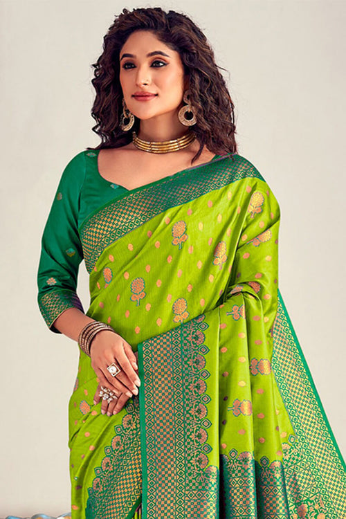 Load image into Gallery viewer, Capricious Parrot Soft Banarasi Silk Saree With Beautiful Blouse Piece
