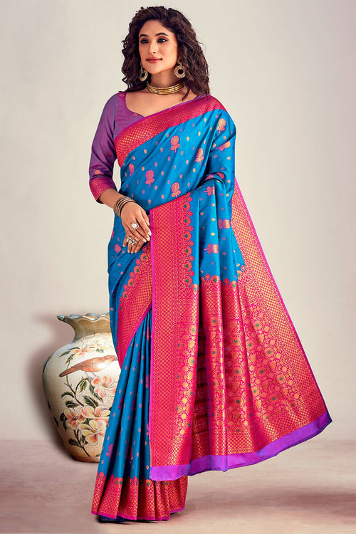 Load image into Gallery viewer, Blooming Blue Soft Banarasi Silk Saree With Flamboyant Blouse Piece
