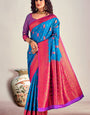 Blooming Blue Soft Banarasi Silk Saree With Flamboyant Blouse Piece