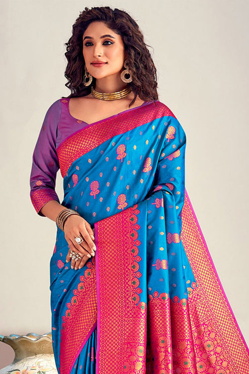 Load image into Gallery viewer, Blooming Blue Soft Banarasi Silk Saree With Flamboyant Blouse Piece
