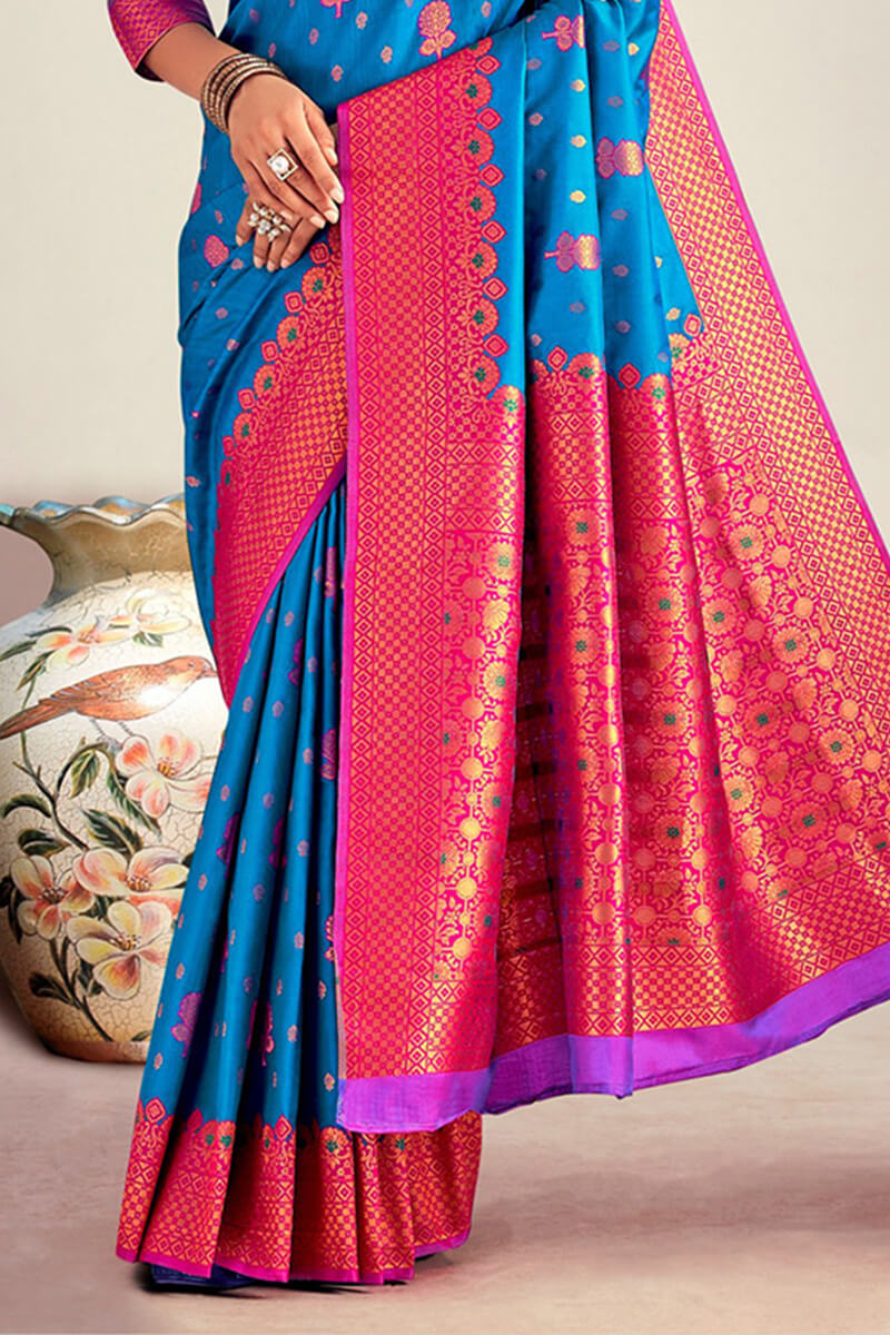 Blooming Blue Soft Banarasi Silk Saree With Flamboyant Blouse Piece