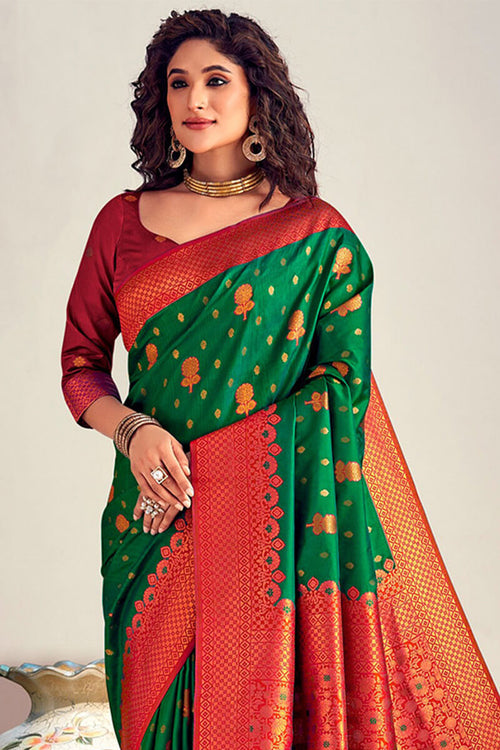 Load image into Gallery viewer, Fugacious Dark Green Soft Banarasi Silk Saree With Scintilla Blouse Piece
