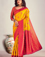 Amiable Yellow Soft Banarasi Silk Saree With Imaginative Blouse Piece