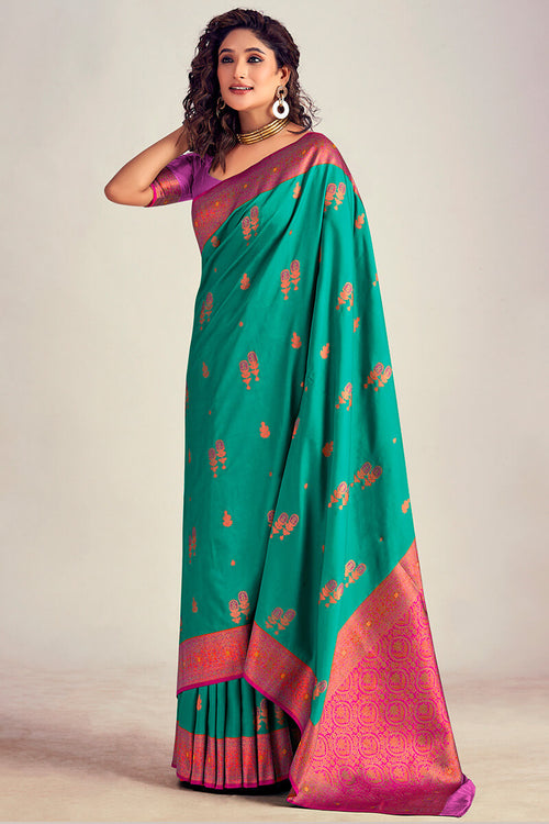 Load image into Gallery viewer, Palimpsest Rama Soft Banarasi Silk Saree With Effervescent Blouse Piece
