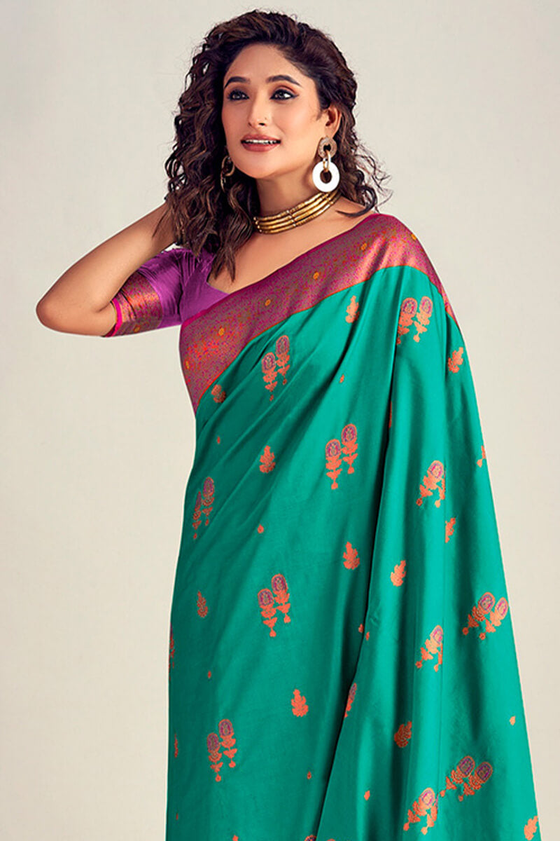 Palimpsest Rama Soft Banarasi Silk Saree With Effervescent Blouse Piece