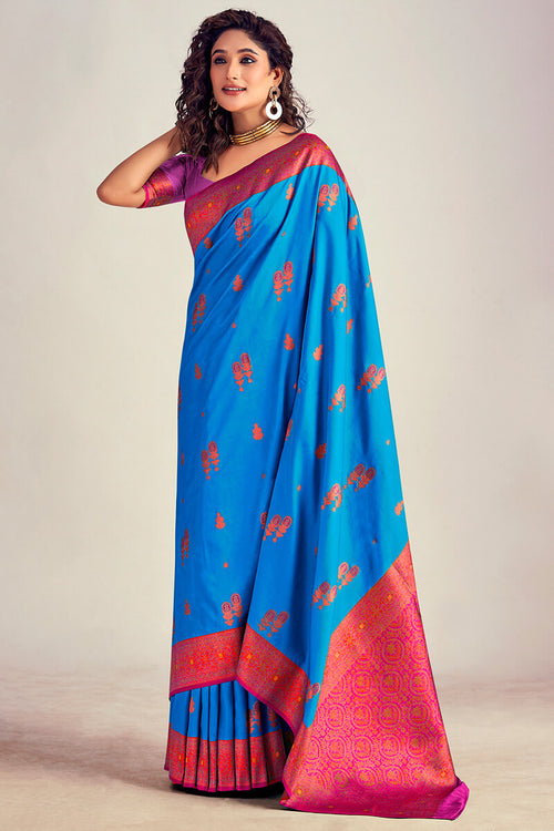 Load image into Gallery viewer, Demure Blue Soft Banarasi Silk Saree With Fairytale Blouse Piece
