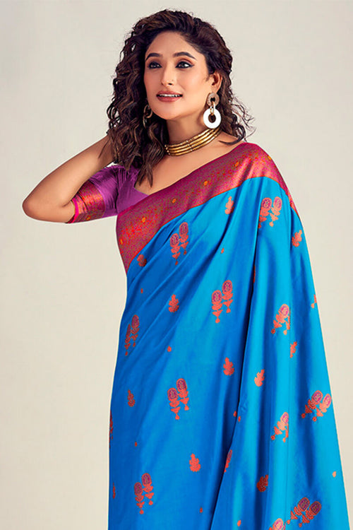 Load image into Gallery viewer, Demure Blue Soft Banarasi Silk Saree With Fairytale Blouse Piece
