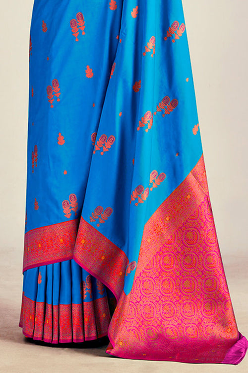 Load image into Gallery viewer, Demure Blue Soft Banarasi Silk Saree With Fairytale Blouse Piece
