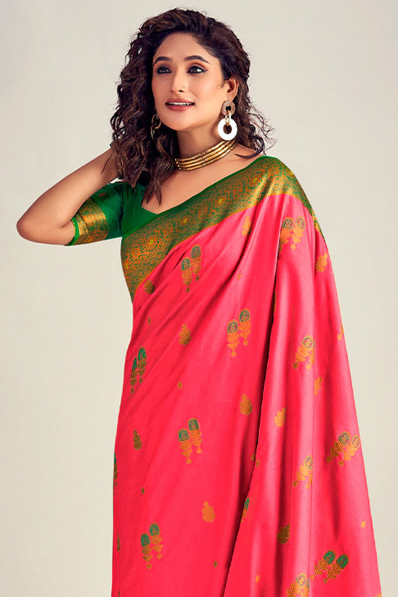 Majesty Pink Soft Banarasi Silk Saree With Blooming Blouse Piece