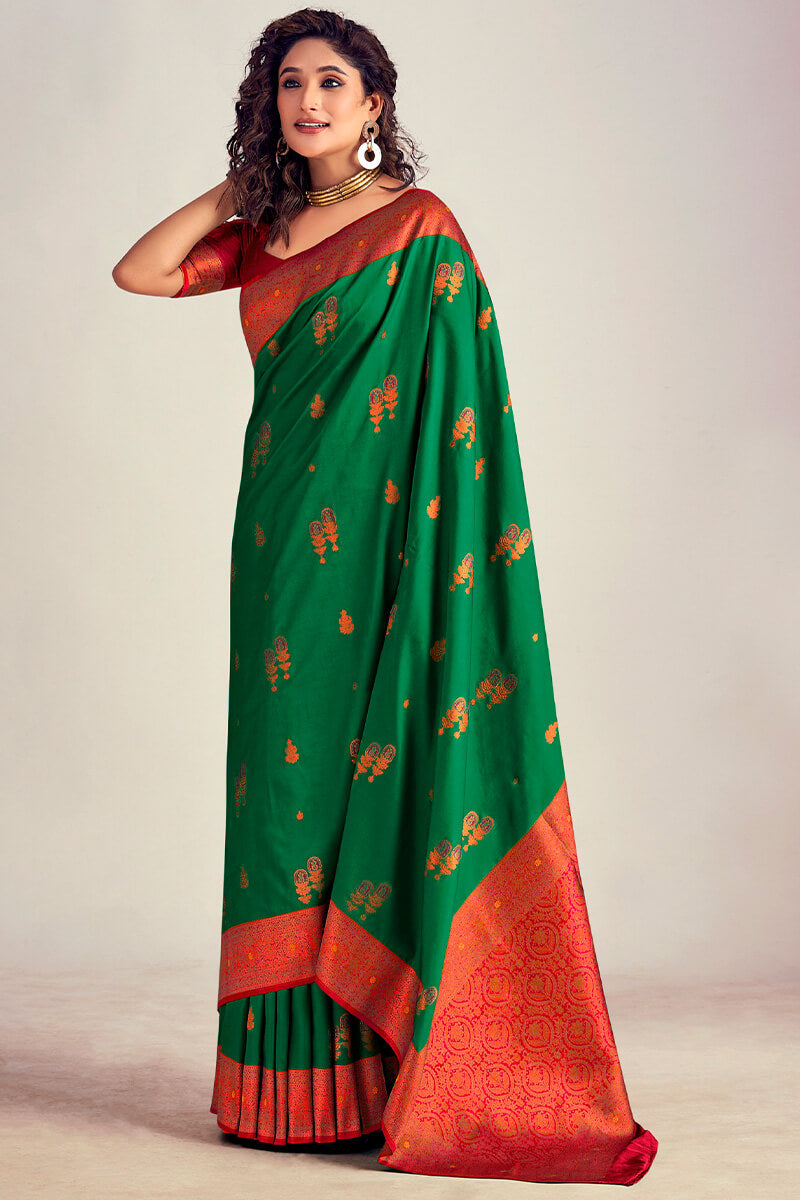 Lassitude Dark Green Soft Banarasi Silk Saree With Redolent Blouse Piece