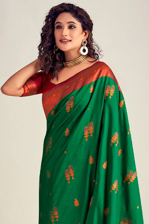 Load image into Gallery viewer, Lassitude Dark Green Soft Banarasi Silk Saree With Redolent Blouse Piece
