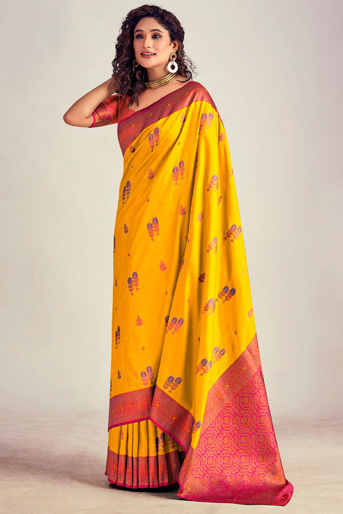 Load image into Gallery viewer, Confounding Yellow Soft Banarasi Silk Saree With Enchanting Blouse Piece
