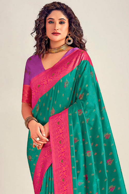 Load image into Gallery viewer, Murmurous Rama Soft Banarasi Silk Saree With Dissemble Blouse Piece
