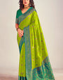 Excellent Parrot Soft Banarasi Silk Saree With Diaphanous Blouse Piece