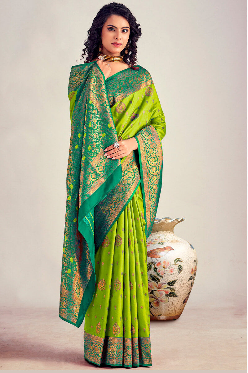 Stylish Parrot Soft Banarasi Silk Saree With Wonderful Blouse Piece