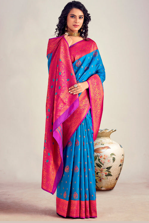 Load image into Gallery viewer, Adorning Blue Soft Banarasi Silk Saree With Beautiful Blouse Piece
