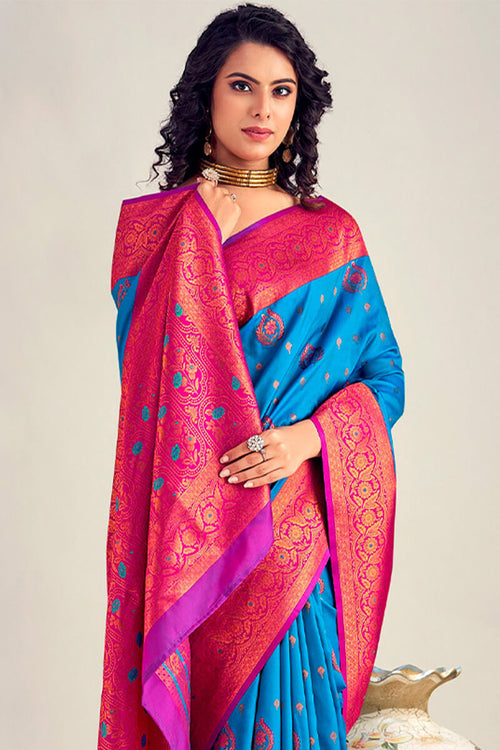 Load image into Gallery viewer, Adorning Blue Soft Banarasi Silk Saree With Beautiful Blouse Piece
