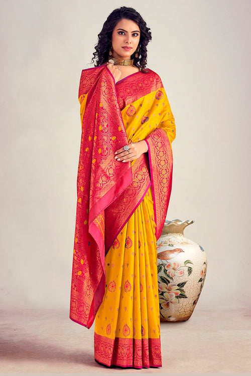 Load image into Gallery viewer, Beleaguer Yellow Soft Banarasi Silk Saree With Elision Blouse Piece
