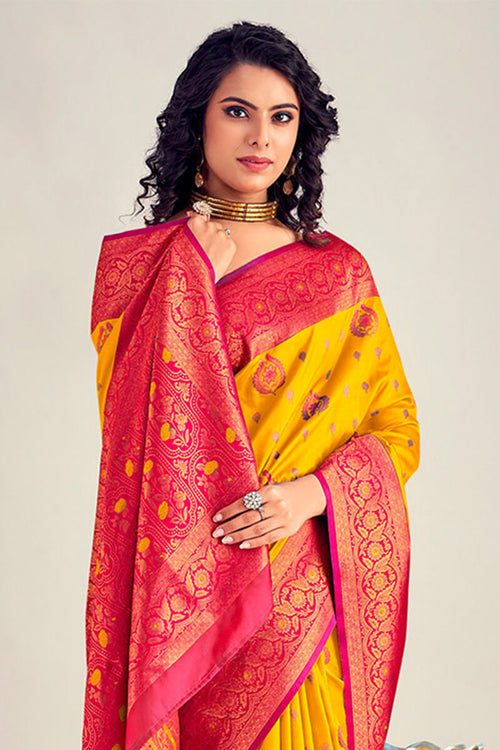 Load image into Gallery viewer, Beleaguer Yellow Soft Banarasi Silk Saree With Elision Blouse Piece
