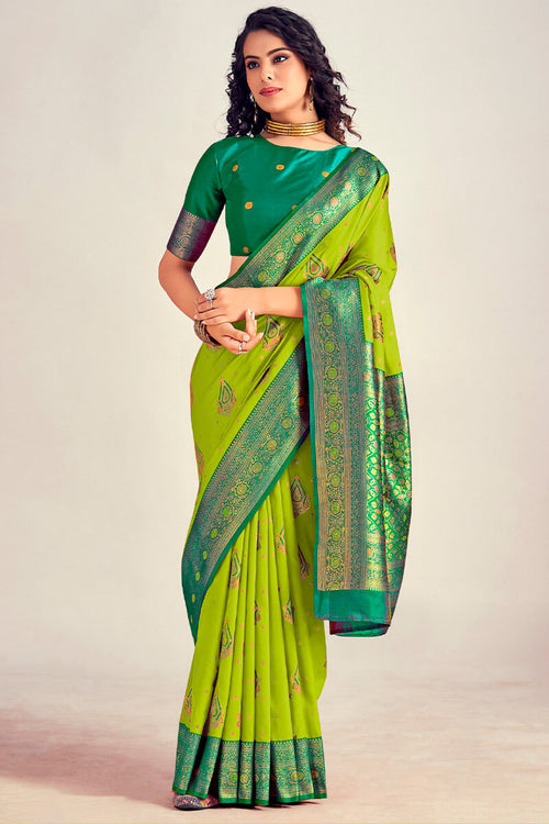 Load image into Gallery viewer, Refreshing Parrot Soft Banarasi Silk Saree With Designer Blouse Piece
