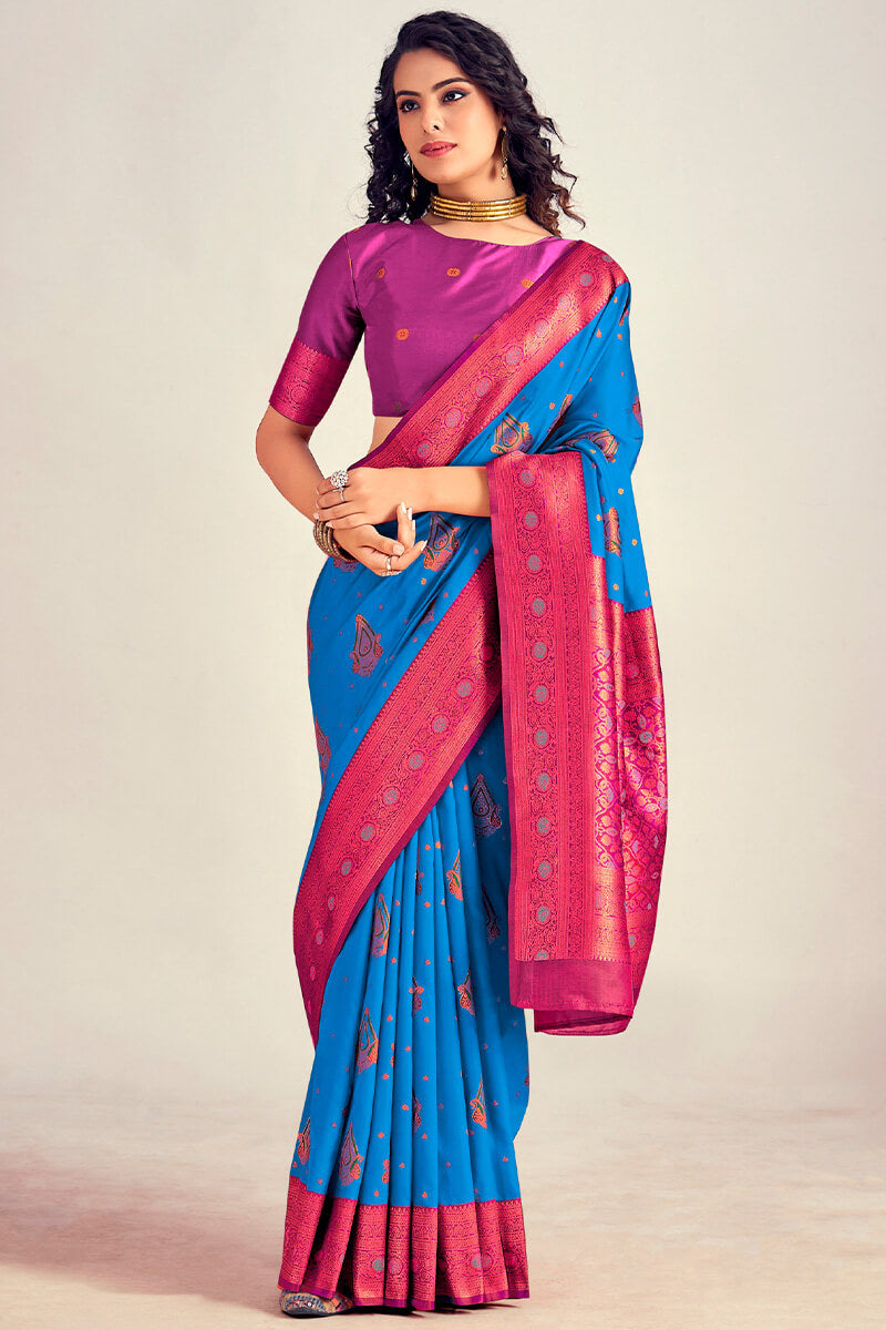 Majesty Blue Soft Banarasi Silk Saree With Flameboyant Blouse Piece