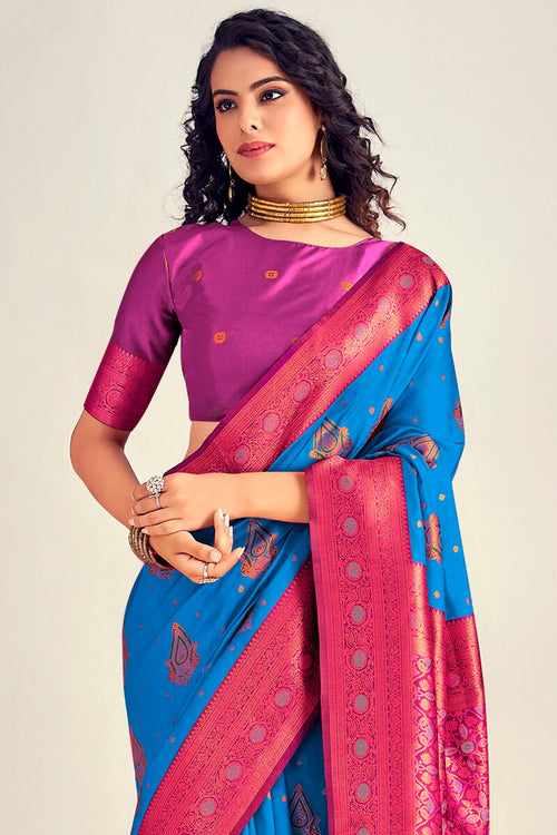 Load image into Gallery viewer, Majesty Blue Soft Banarasi Silk Saree With Flameboyant Blouse Piece
